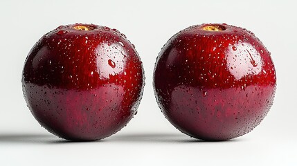 Obraz premium Two glossy, dark red cherries with water droplets