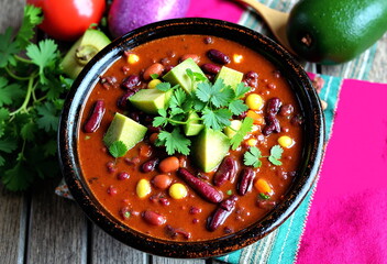 A vibrant bowl of chili topped with avocado and cilantro sits on a rustic wooden surface, surrounded by fresh  - Generative AI