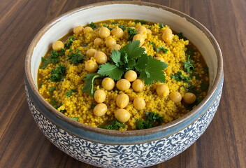 A vibrant bowl of Moroccan couscous with chickpeas and herbs sits on a dark wooden surface, radiating warmth.