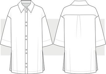 Oversize basic midi shirt dress, Summer beach dress, vector. Fashion technical drawing, flat sketch, illustration.  Front and back view, Cad, Mockup.