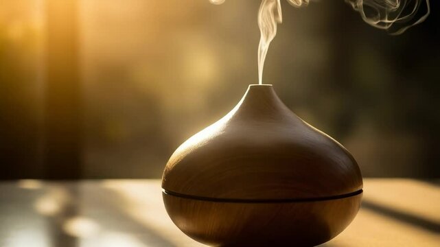 A modern wooden aromatherapy diffuser emitting gentle vapor, illuminated by golden sunlight. Ideal for wellness blogs, spa promotions, and home decor websites seeking a calming and natural aesthetic.