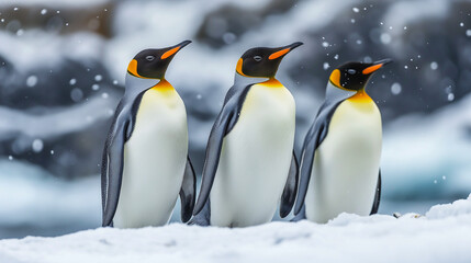 Fototapeta premium Penguins huddling together in snowy landscape