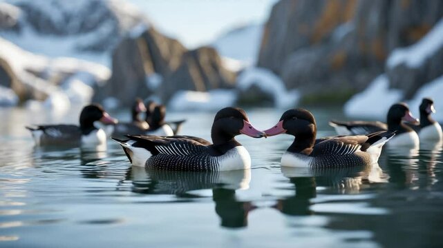 Common eiders sailing across the water.