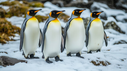 Fototapeta premium Penguins standing together in snowy environment