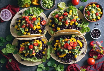 Four vibrant tacos filled with black beans and butternut squash, topped with a bright green salsa, sit on a dark surface.