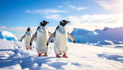 Fototapeta premium Penguins Walking on Icy Terrain in Antarctica Under Clear Sky Cold Polar Atmosphere