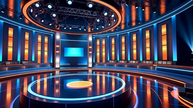 Illuminated Modern Stage with Circular Platform and LED Lights in Colorful Futuristic Studio