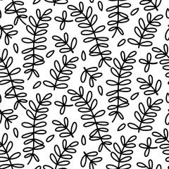 Fototapeta premium pattern of doodle branches in art deco. twig with leaves. Contoured monochrome texture. Botany, plants, branches. Greenery in the garden. Suitable for decorating children's and nature projects, prints