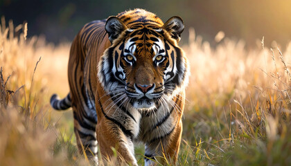 Tiger walking slowly through tall grass, eye contact with camera, realistic texture