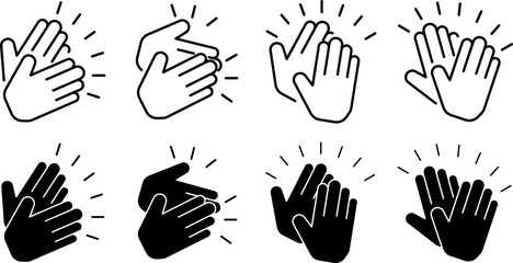 Set of 8 clapping hands icons in outline and solid styles. Perfect for reaction emojis, app interfaces, celebration graphics or communication elements. Isolated on transparent background