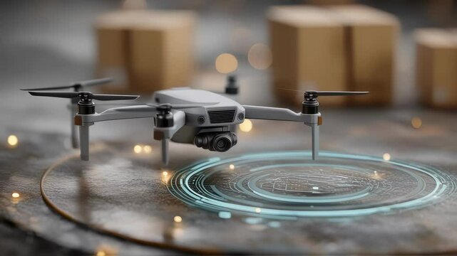 A closeup of a drone landing on a glowing drop zone embedded with shimmering sensors showcasing the advanced technology that enables precise navigation and the automated transfer of