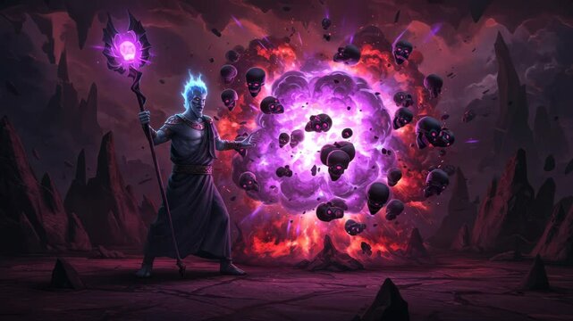 Mystic Warlock Commanding Explosive Skull Magic in Ethereal Dark Realm Landscape