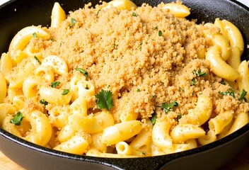A skillet of golden mac and cheese is topped with a generous, golden-brown crumb topping and fresh parsley.