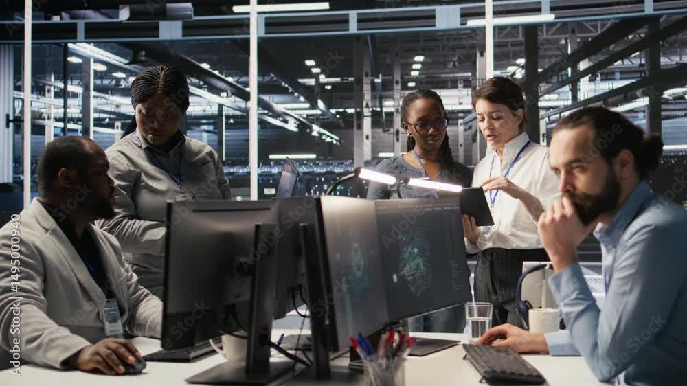 Poster data center teamworking colleagues performing maintenance on server racks used for artificial intell