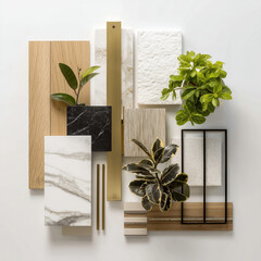 materials sample board on a while background, carrera marble accents, polished brass trim, smooth oak, white venetian plaster, black metal frames, house plants, clear glass