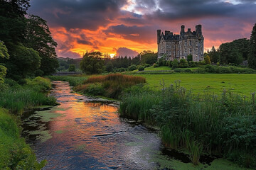 Dramatic sunset bathes a majestic castle nestled amidst lush landscapes