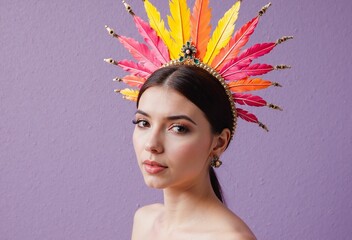 A young woman with dark hair wears a vibrant feathered headdress against a lavender backdrop, looking directly at the viewer - Generative AI