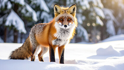 Obraz premium Fox standing on snowy ground with forest in background, winter atmosphere, focused look