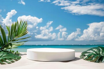 Obraz premium A white cylindrical platform sits on a sandy beach against a backdrop of the ocean, sky, and tropical leaves.