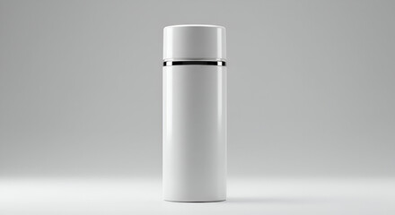 Empty white cylindrical cosmetic product container with metallic band on studio background. Blank product mockup for branding and design.
