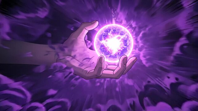 Mystical energy orb in hand, radiating with purple aura and electric sparks