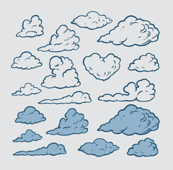 Clouds, doodle, set of vector sketch illustrations, hand drawn