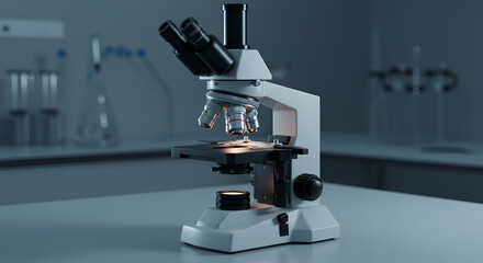 A modern scientific microscope positioned on a lab table in a clinical setting. The device is ready for use with multiple lenses and adjustable parts.