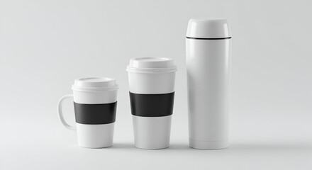 White coffee cups and a thermos with black accents in a minimalist studio setting. Empty containers for branding mockups.