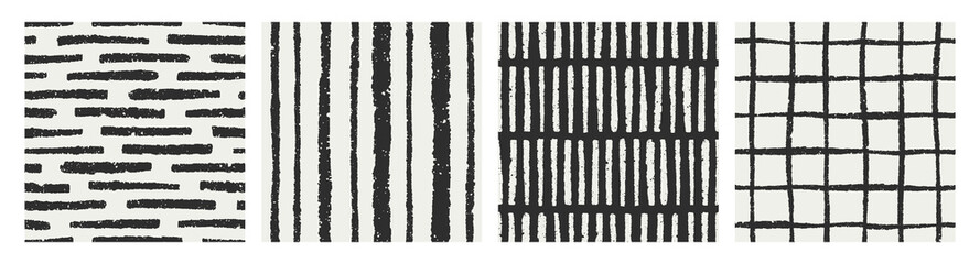 Seamless abstract patterns set. Freehand lines, scribble stripes, grid, doodle textures, black and white design. Modern endless background, print for textile, wrapping. Hand-drawn vector illustrations