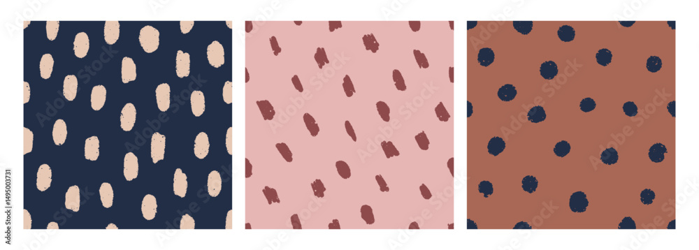 Poster seamless hand-drawn polka dot patterns set. endless abstract backgrounds, textures with spots, smear