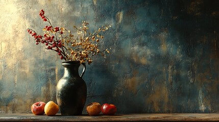 Rustic botanical still life with textured backdrop and assorted fruit accents