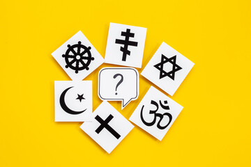 World religious symbols - Christianity cross, Islam crescent, Buddhism dharma wheel, Hinduism aum, Judaism David star top view