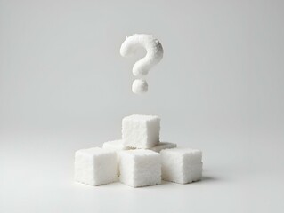 Conceptual visualization of sugar consumption and questioning health implications with sugar cubes and a floating question mark symbol