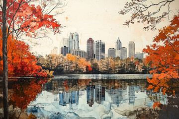 Watercolor vista of a cityscape mirrored in autumnal waterscape artistry