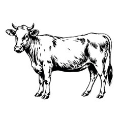 Hand drawn cow in vintage engraving style standing in profile