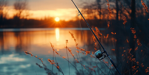 A tranquil scene of a fishing rod against a serene lake at golden hour
