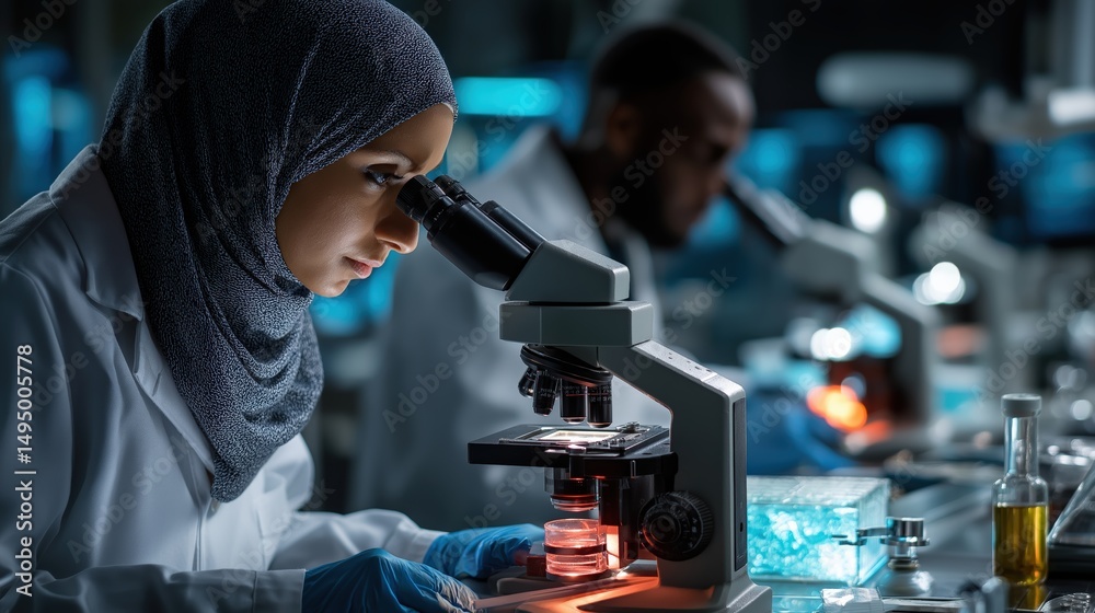 Poster medical scientists working with microscopes in laboratory