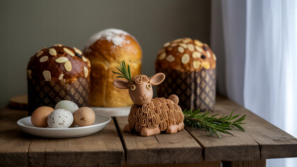 A still life photograph of Easter treats and spring decorations on a wooden table