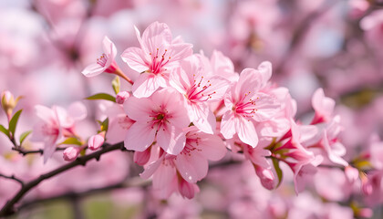 Obraz premium A soft spring backdrop adorned with graceful pink cherry blossoms in radiant bloom. isolated with white highlights