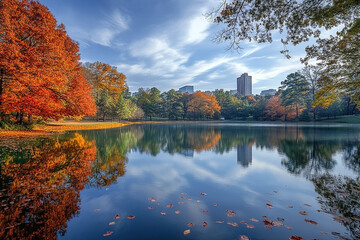 Serene autumn reflections at lake offering a captivating cityscape backdrop
