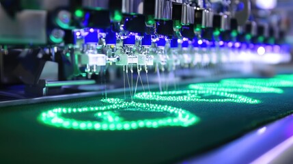 Modern embroidery sewing machine stitching a logo onto fabric with precision