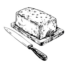 Block of butter on board with knife in vintage engraving style