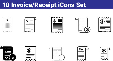 10 invoice receipt icons set for billing and finance documents