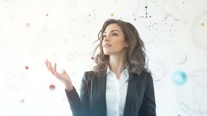Visionary Woman: A thoughtful businesswoman gazes intently at a futuristic, abstract network of colorful nodes, symbolizing innovation, connectivity and the future of technology. - Powered by Adobe