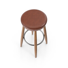 Wooden Bar Stool with Brown Seat and Metal Footrest Isolated on White Background