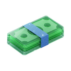 3d stack of green money bills with blue glitter band isolated on transparent background
