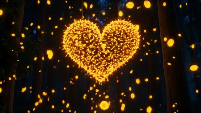Tiny glowing fireflies forming a heart at night in the woods
