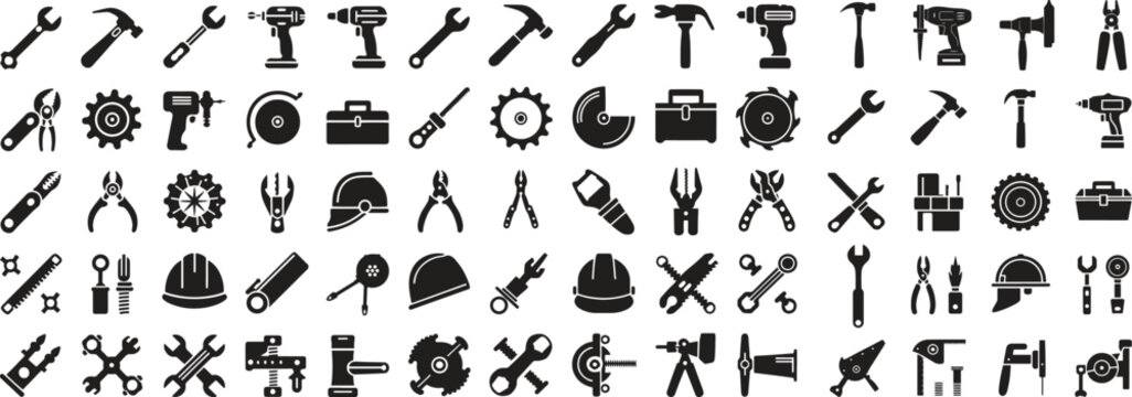 silhouette industry tools line icons set. construction, equipment, repair, machinery vector illustration