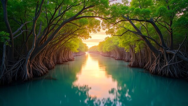 vibrant Lush green mangrove forest warm glow  sun rays through the trees