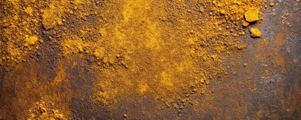 Turmeric powder on dark surface, close-up. Food background